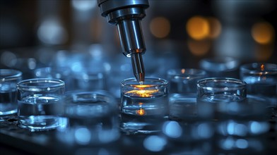 Microscope focusing light on test tubes in a lab setting, featuring blue lighting and orange