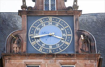 Gabel with a clock, Renaissance Tower, historic Town Hall, Marburg, Hesse, Germany, Europe,