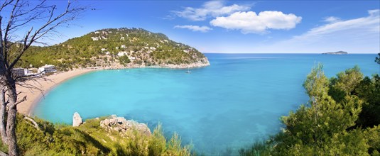 Aerial view of Caleta de Sant Vicent in Ibiza island cala de san Vicente