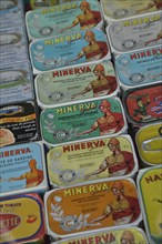 Typical Portuguese sardine cans in a deli, Alfama, Lisbon, Lisbon District, Portugal, Europe