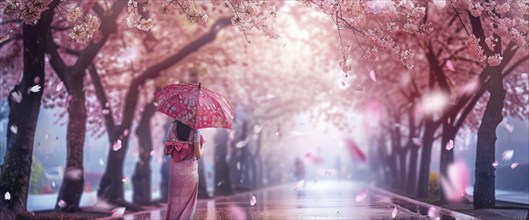 Attractive woman walking down the street with umbrella at sunset, cherry blossoms in the