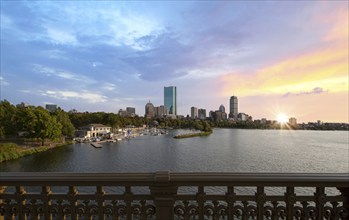 USA, Panoramic view of Boston skyline and downtown from Longfellow bridge over Charles River, North