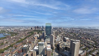 Panoramic aerial view of Boston financial district, historic center, Beacon Hill and Charles River