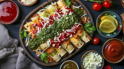 Plate of enchiladas with a side of salsa and guacamole. Wooden table with bowls of various sauces,