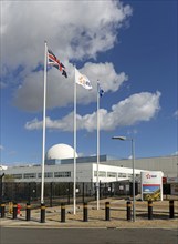 White dome PWR Pressurised Water Reactor EDF sign, nuclear power station, Sizewell B, Suffolk,