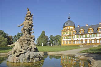 Baroque fountain built 1771 with sculptures, water basin, hunting lodge, Seehof Castle,