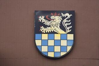 City coat of arms with lion figure and crown, district administration, Bad Kreuznach,