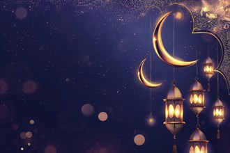 The essence of Ramadan with golden lanterns illuminating the dark night, adorned by a crescent moon