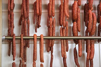 Air-dried sausage in a butcher's shop