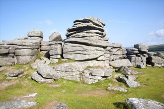 Granite upland landscape at Combestone Tor, near Hexworthy, Dartmoor national park, Devon, England,