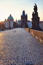 Charles Bridge with Old Town Bridge Tower, morning atmosphere, Prague, Czech Republic, Europe