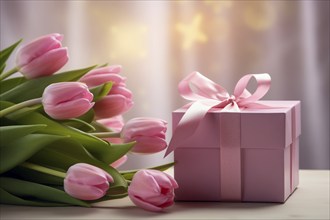 Gift Box with Pink Ribbon Beside bouquet of Fresh Tulips on Bokeh Background. Good for Valentine