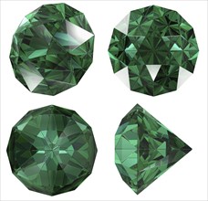 Emerald gem isolated different views with refraction