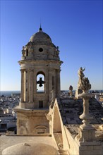 Cathedral belfry looking west over Barrio de la Vina, Cadiz, Spain, Europe