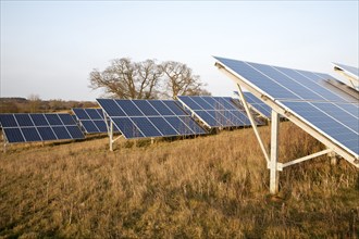 Solar array of photovoltaic panels in countryside at Bromeswell, Suffolk, England, United Kingdom,