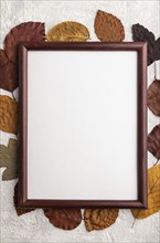 Composition with yellow and brown autumn leaves and wooden frame mockup on gray concrete background