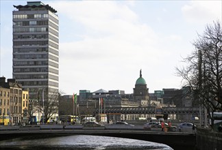 View of River Liffey towards Custom House Quay, Dublin city centre, Ireland, Republic of Ireland,