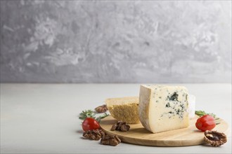 Blue cheese and various types of cheese with rosemary and tomatoes on wooden board on a white and