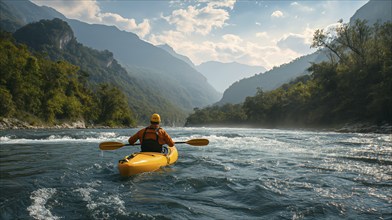 Kayaker paddling the rapids of A beautiful mountain river. generative AI, AI generated