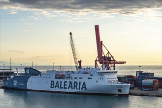 Balearia Ferry at sunrise, Cruise Ship Terminal Nord WTC, Barcelona, Spain, Europe