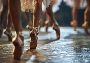 Ballet dancers and ballerinas performing ballet practice in art studio and standing in pointe