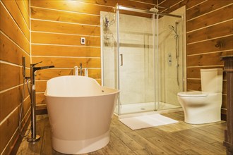 Freestanding bathtub with high tank toilet and clear glass shower stall in en suite with imitation