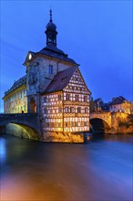 Upper Bridge, Old Town Hall, Regnitz, historic old town, Blue Hour, Bamberg, Lower Franconia,