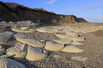 Sacks containing shingle form coastal defences at Thorpeness, Suffolk, England, UK