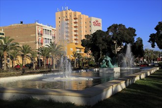 Water fountain in small park garden near Gran Hotel Almeria in the city centre of Almeria, Spain,