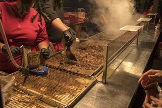 Shashlik stand at the Christkindlesmarkt, Nuremberg, Middle Franconia, Bavaria, Germany, Europe