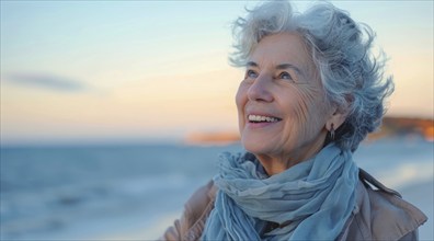 Happy senior woman enjoying walk on the beach and happy retirement, AI generated