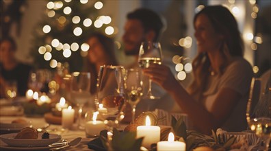 A group of people are sitting around a table with plates of food and celebrating, AI generated