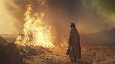 Moses looking at the burning bush. Bible stories and miracles, god manifestation, AI generated