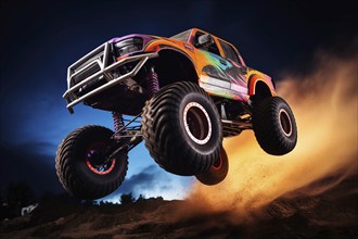 Monster truck driving and jumping outdoors amidst a cloud of dust. Thrill and adrenaline of an