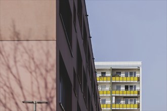 Prefabricated buildings with balcony, photographed in the Berlin district of Lichtenberg in Berlin,