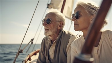 Senior caucasian couple on the deck of their yacht in the ocean, generatvie AI, AI generated