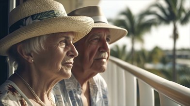 Senior caucasian couple vacationing on A cruise ship in the tropics, generatvie AI, AI generated