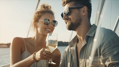 Young adult caucasian couple enjoying drinks on the deck of their yacht in the ocean, generatvie