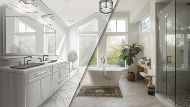 Custom bathroom upgrade interior concept drawing before and after completed construction,