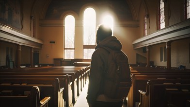 Young reluctant male figure with backpack stands center aisle in a church, generative AI, AI