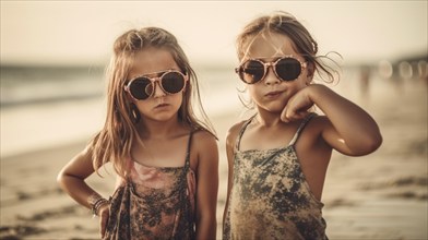 Two young girlfriends posing wearing sunglasses having fun on the beach, generatvie AI, AI