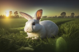 Cute white easter bunny rabbit sitting in the grass field, generative AI, AI generated