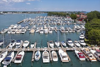 Detroit, Michigan, An aerial view of the Detroit Yacht Club on Belle Isle in the Detroit River. The