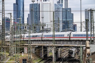 ICE train on the track in front of the main station of Frankfurt am Main, Skyline, Hesse, Germany,