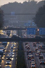 Motorway A40, Ruhrschnellweg, near Bochum, heavy evening traffic, in front of the motorway junction