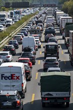 Traffic jam on the A3 motorway, over 8 lanes, in both directions, between the Leverkusen motorway