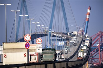 Traffic on the Köhlbrand Bridge in the port of Hamburg, spans the 325 m wide Köhlbrand, an arm of