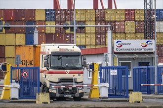 Entry and exit for container lorries, to the MSC container terminal in the seaport of Bremerhaven,