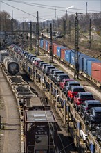 Duisburg-Rheinhausen freight station, at the Logport harbour area, goods trains loaded with new