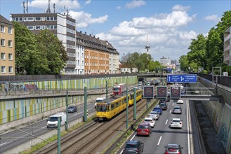 Motorway A40, Ruhrschnellweg, in the through road in Essen, noise barrier, tram, underground